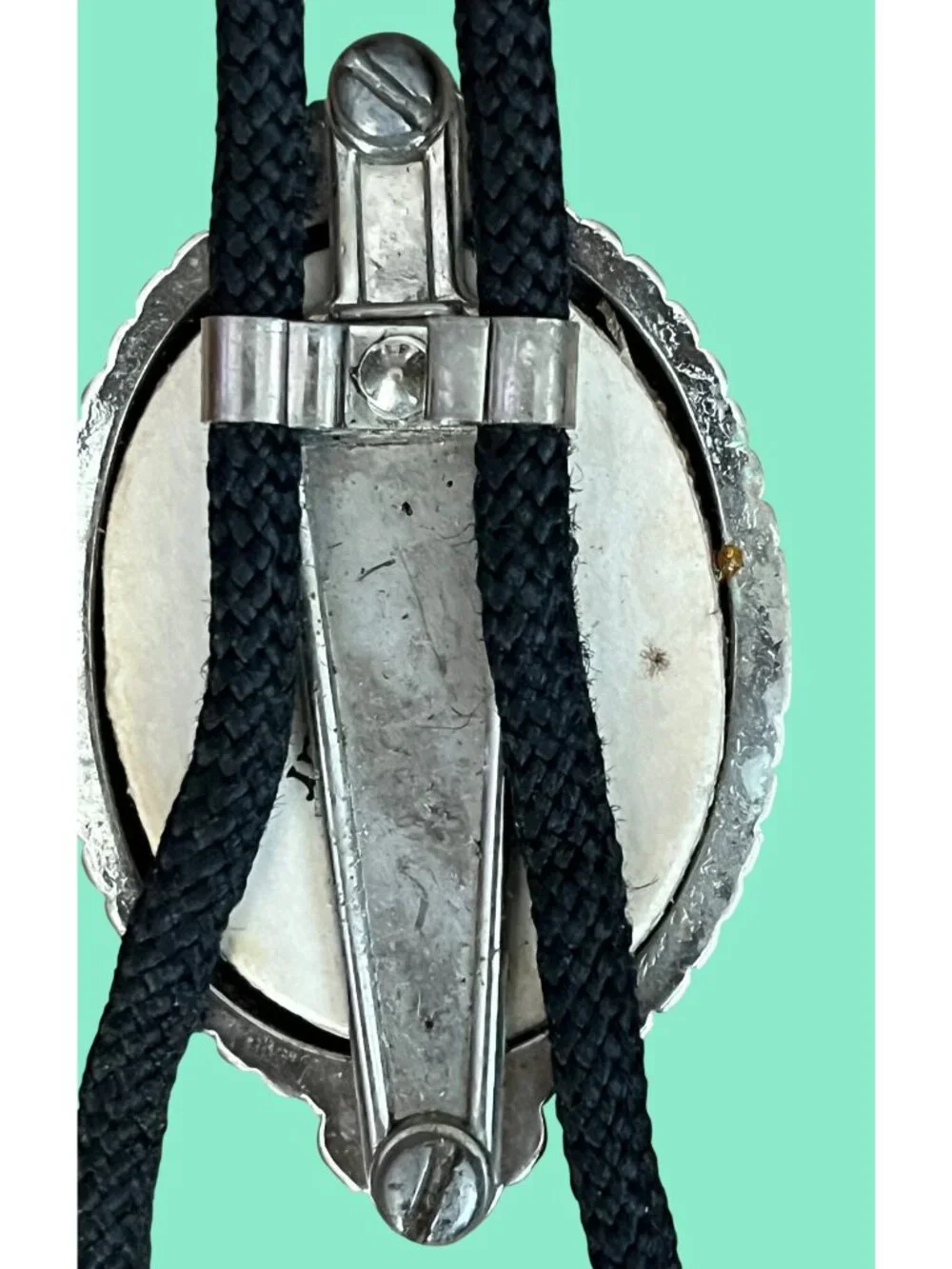 Vintage Navajo Walnut wood inlay Turquoise Bolo tie silver toned